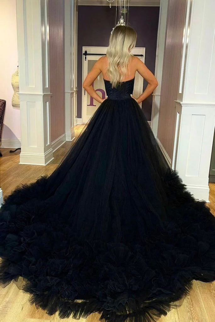 Strapless Black Tulle Long Prom Dress, Black Formal Evening Dress, Bal