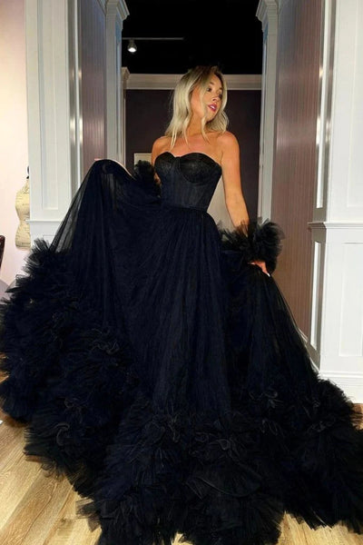 Strapless Black Tulle Long Prom Dress, Black Formal Evening Dress, Ball Gown A2075