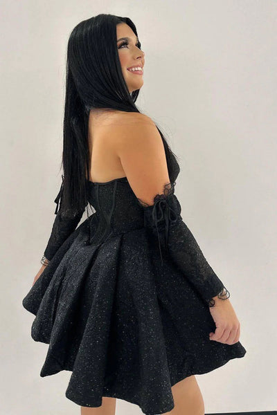 Strapless Bling Bling Black Satin Prom Dress, Short Black Homecoming Dress, Black Formal Graduation Evening Dress A1963