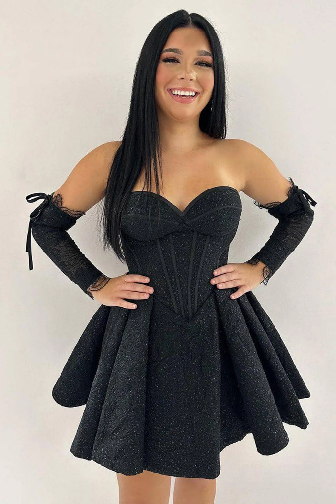 Strapless Bling Bling Black Satin Prom Dress, Short Black Homecoming D abcprom Strapless Bling Bling Black Satin Prom Dress, Short Black Homecoming D abcprom
