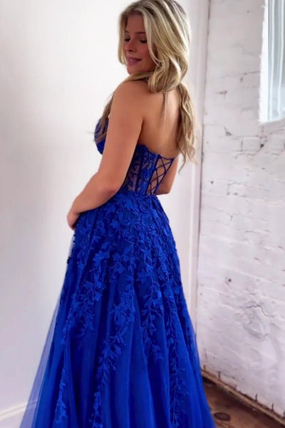 Strapless Blue Lace Long Prom Dress, Blue Lace Formal Dress, Blue Tulle Evening Dress A1922