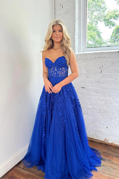 Strapless Blue Lace Long Prom Dress, Blue Lace Formal Dress, Blue Tulle Evening Dress A1922