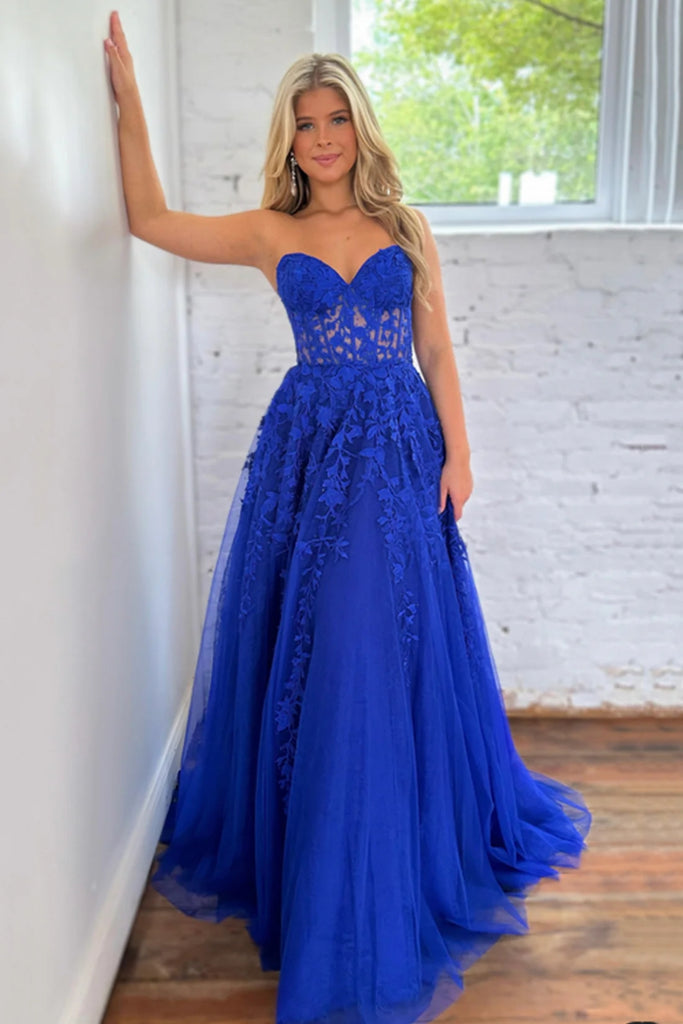 Strapless Blue Lace Long Prom Dress, Blue Lace Formal Dress, Blue Tulle Evening Dress A1922