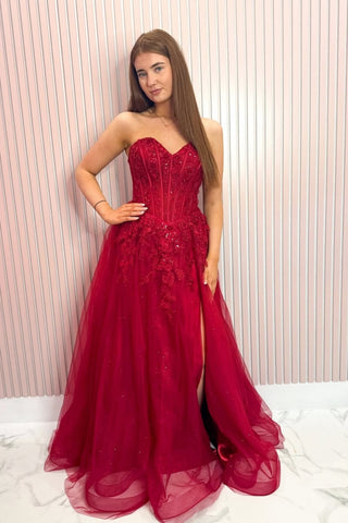 Strapless Burgundy Lace Long Prom Dress with High Slit, Burgundy Lace Formal Dress, Burgundy Evening Dress A2541