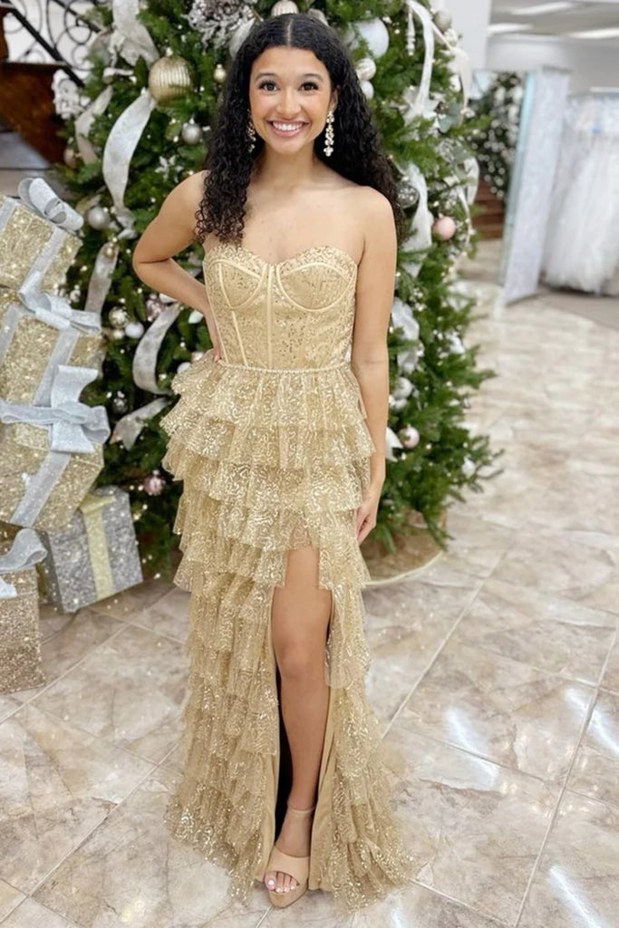 Strapless Champagne Lace Sequins Long Prom Dress with High Slit Champagne Formal Graduation Evening Dress A2034