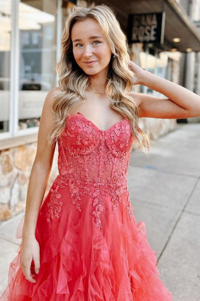 Strapless Coral Lace Long Prom Dress, Coral Lace Formal Dress, Long Coral Evening Dress WT2148