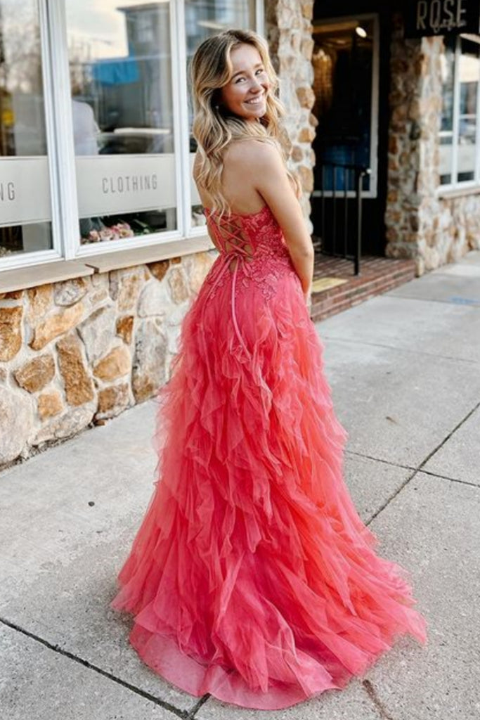 Strapless Coral Lace Long Prom Dress, Coral Lace Formal Dress, Long Co abcprom Strapless Coral Lace Long Prom Dress, Coral Lace Formal Dress, Long Co abcprom