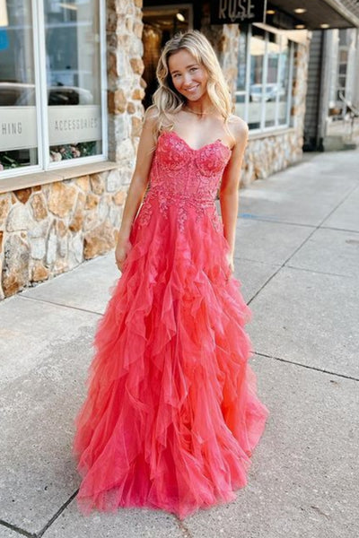 Strapless Coral Lace Long Prom Dress, Coral Lace Formal Dress, Long Coral Evening Dress WT2148