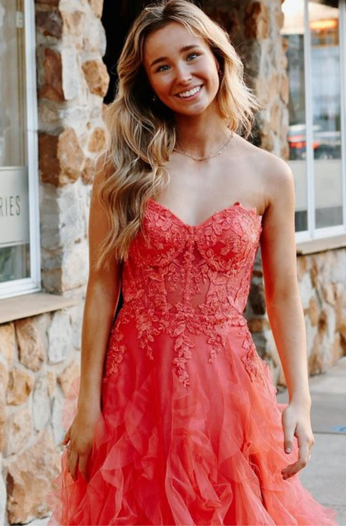 Strapless Coral Lace Long Prom Dress, Coral Lace Formal Dress, Long Co abcprom Strapless Coral Lace Long Prom Dress, Coral Lace Formal Dress, Long Co abcprom