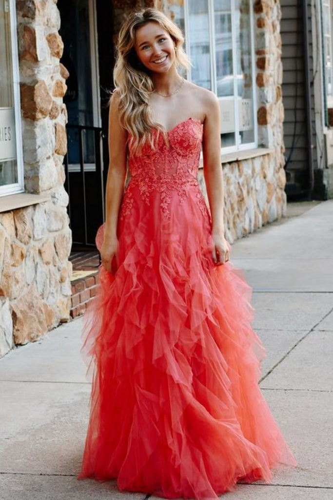 Strapless Coral Lace Long Prom Dress, Coral Lace Formal Dress, Long Co abcprom Strapless Coral Lace Long Prom Dress, Coral Lace Formal Dress, Long Co abcprom