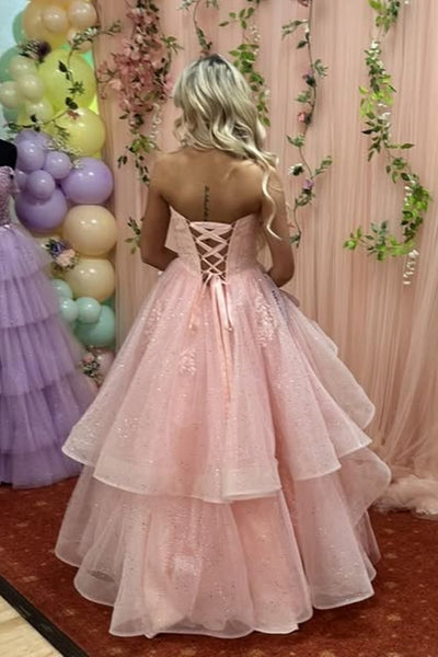 Strapless Fluffy Pink Lace Long Prom Dress, Pink Lace Formal Dress, Pink Evening Dress A2526