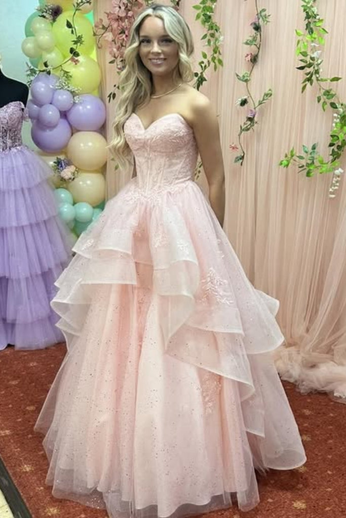 Strapless Fluffy Pink Lace Long Prom Dress, Pink Lace Formal Dress, Pi –  abcprom