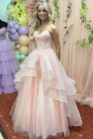 Strapless Fluffy Pink Lace Long Prom Dress, Pink Lace Formal Dress, Pink Evening Dress A2526