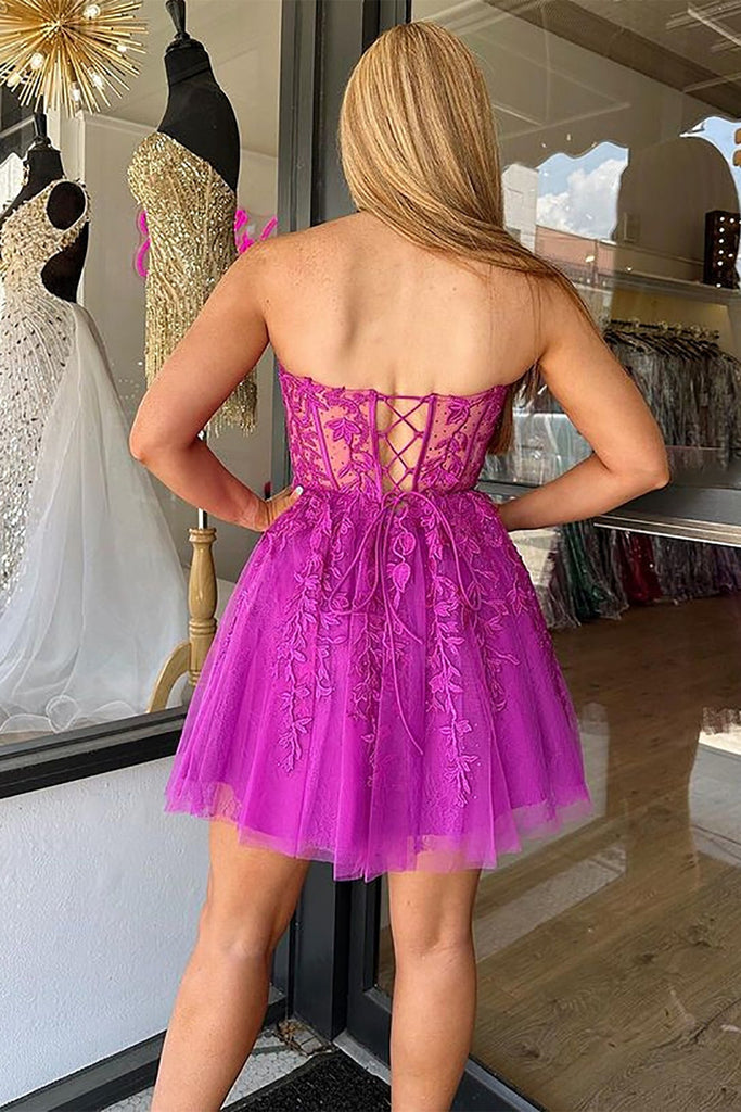 Strapless Fuchsia Lace Prom Dress, Sweetheart Neck Fuchsia Homecoming abcprom Strapless Fuchsia Lace Prom Dress, Sweetheart Neck Fuchsia Homecoming abcprom