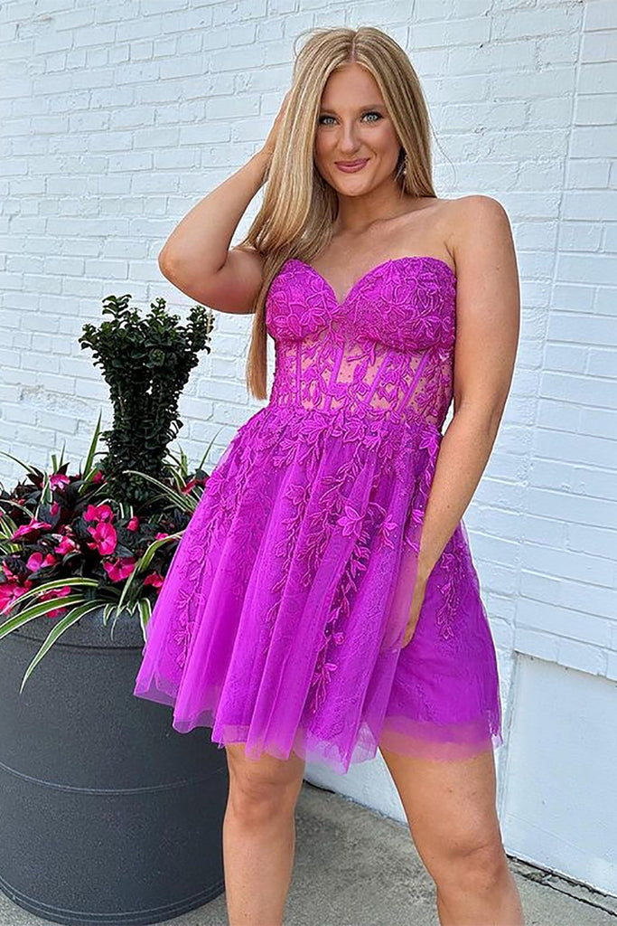 Strapless Fuchsia Lace Prom Dress, Sweetheart Neck Fuchsia Homecoming abcprom Strapless Fuchsia Lace Prom Dress, Sweetheart Neck Fuchsia Homecoming abcprom