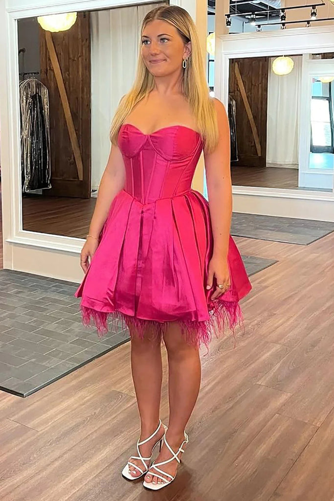 Strapless Fuchsia Satin Short Prom Dress, Fuchsia Homecoming Dress, St abcprom Strapless Fuchsia Satin Short Prom Dress, Fuchsia Homecoming Dress, St abcprom