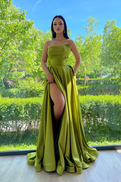Strapless Green Satin Long Prom Dress with High Slit, Long Green Formal Graduation Evening Dress A1879