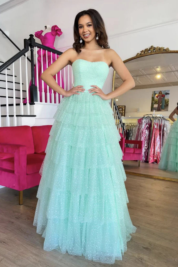 Strapless High Slit Ruffle Green Long Prom Dress, Floor length Green F