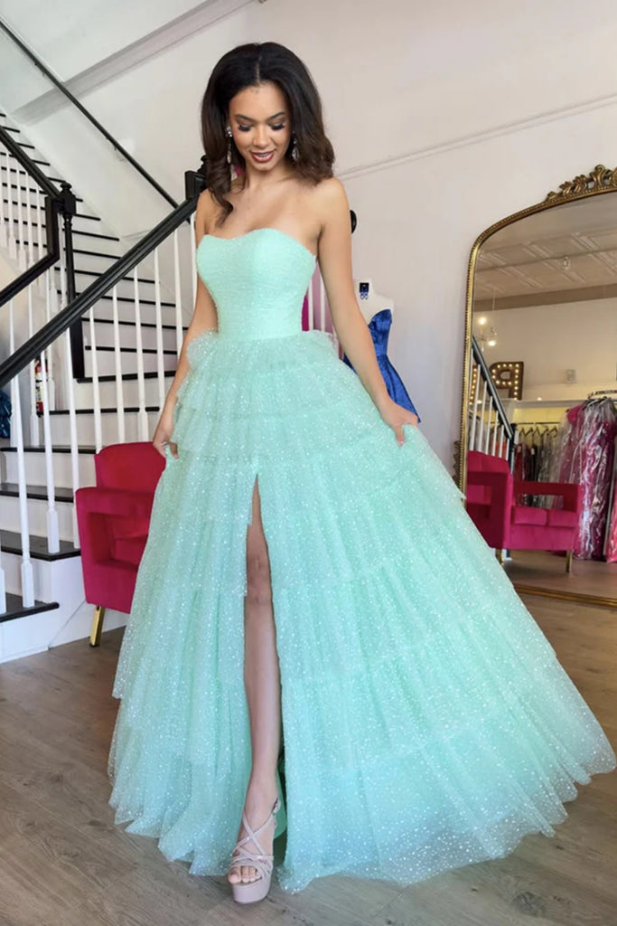 Strapless High Slit Ruffle Green Long Prom Dress, Floor length Green F abcprom Strapless High Slit Ruffle Green Long Prom Dress, Floor length Green F abcprom