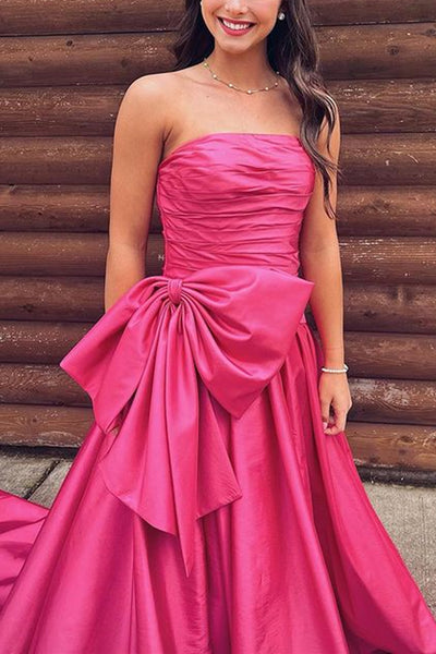 Strapless Hot Pink Satin Long Prom Dress, Hot Pink Formal Graduation Evening Dresses A1880