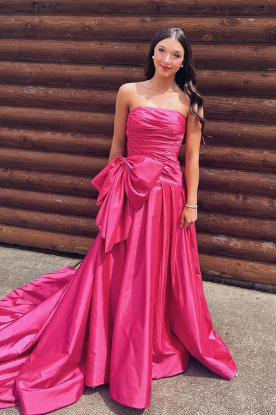 Strapless Hot Pink Satin Long Prom Dress, Hot Pink Formal Graduation Evening Dresses A1880