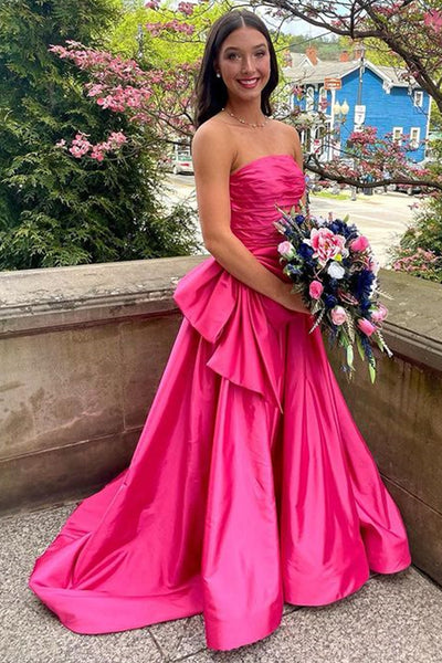 Strapless Hot Pink Satin Long Prom Dress, Hot Pink Formal Graduation Evening Dresses A1880