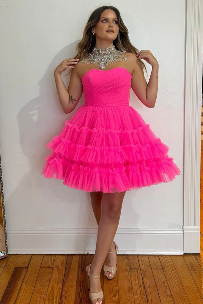 Strapless Hot Pink Tulle Short Prom Dress, Hot Pink Tulle Homecoming Dress, Hot Pink Formal Graduation Evening Dress A1971 Strapless Hot Pink Tulle Short Prom Dress, Hot Pink Tulle Homecoming Dress, Hot Pink Formal Graduation Evening Dress A1971