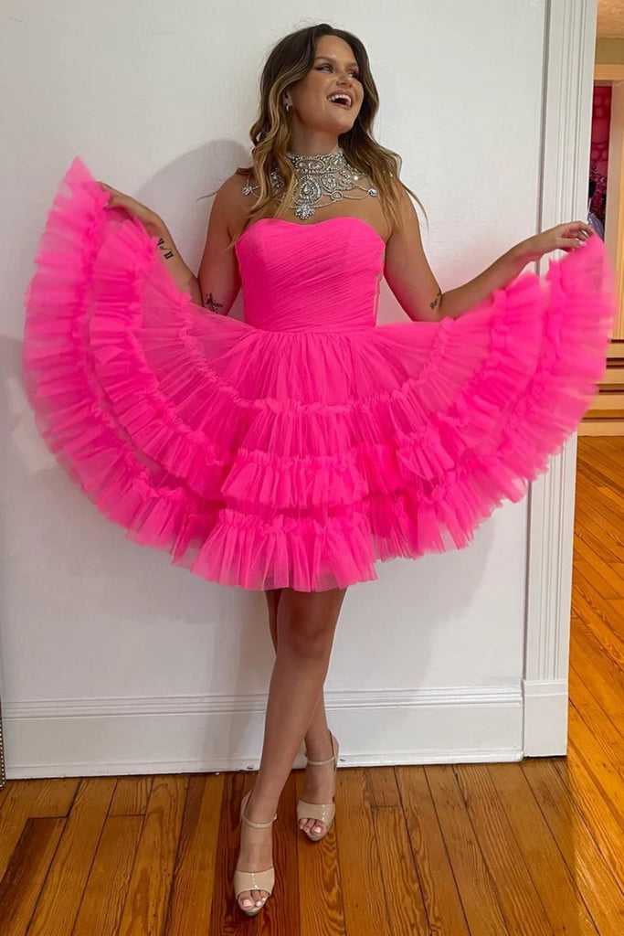 Strapless Hot Pink Tulle Short Prom Dress, Hot Pink Tulle Homecoming Dress, Hot Pink Formal Graduation Evening Dress A1971