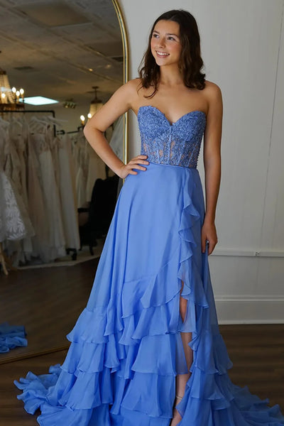 Strapless Layered Blue Lace Long Prom Dress with High Slit, Blue Lace