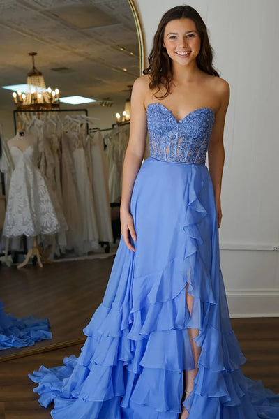 Strapless Layered Blue Lace Long Prom Dress with High Slit, Blue Lace