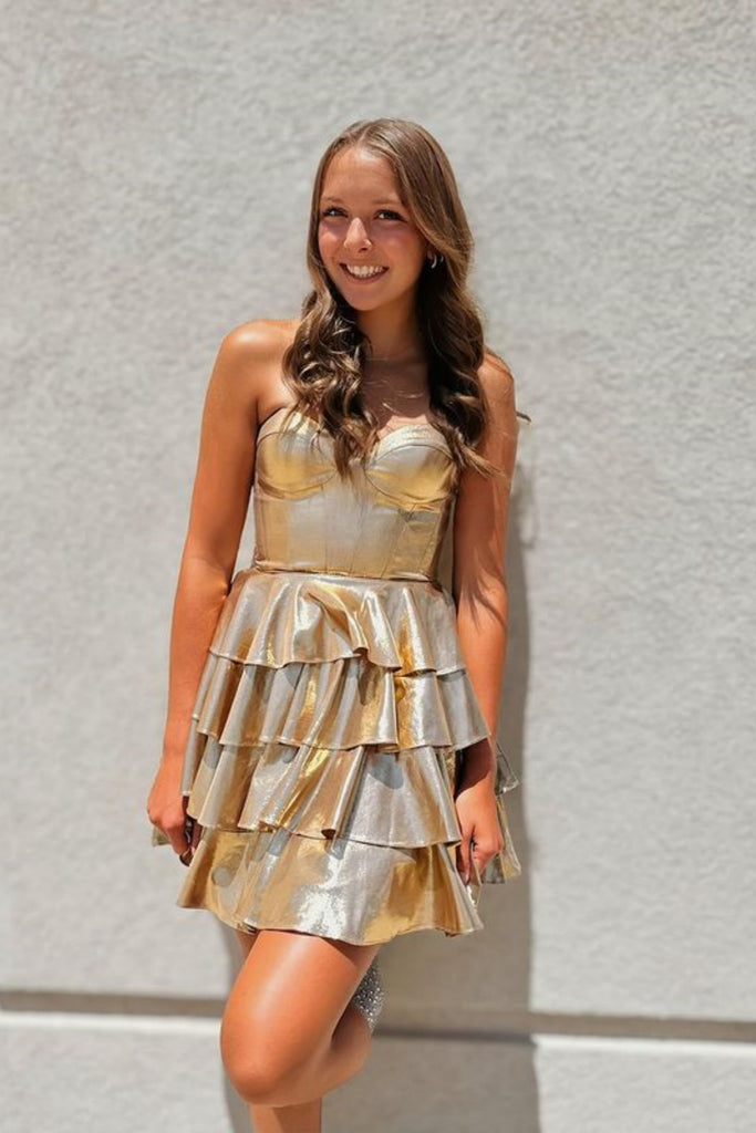Strapless Layered Gold Satin Prom Dress, Short Gold Homecoming Dress