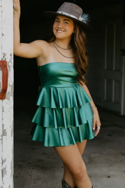 Strapless Layered Green/Yellow Satin Short Prom Dress, Green/Yellow Homecoming Dress A2452