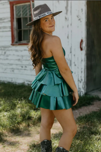 Strapless Layered Green/Yellow Satin Short Prom Dress, Green/Yellow Homecoming Dress A2452