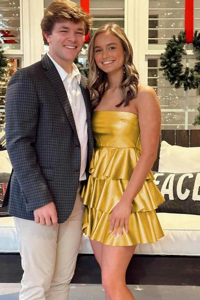Strapless Layered Green/Yellow Satin Short Prom Dress, Green/Yellow Homecoming Dress A2452