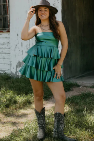 Strapless Layered Green/Yellow Satin Short Prom Dress, Green/Yellow Homecoming Dress A2452