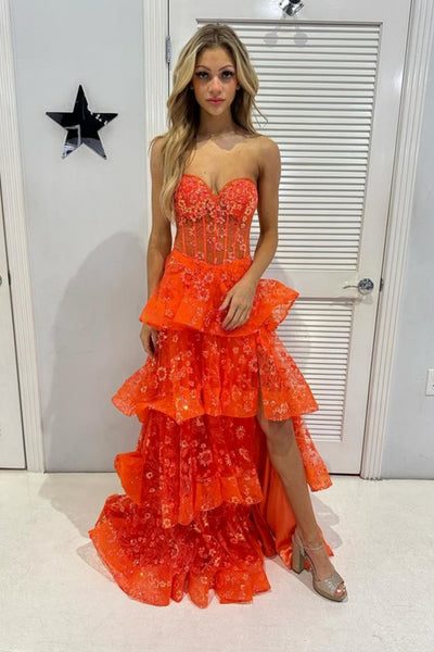 Strapless Layered Orange Lace Floral Long Prom Dress, Orange Lace Formal Dress, Orange Evening Dress A2046