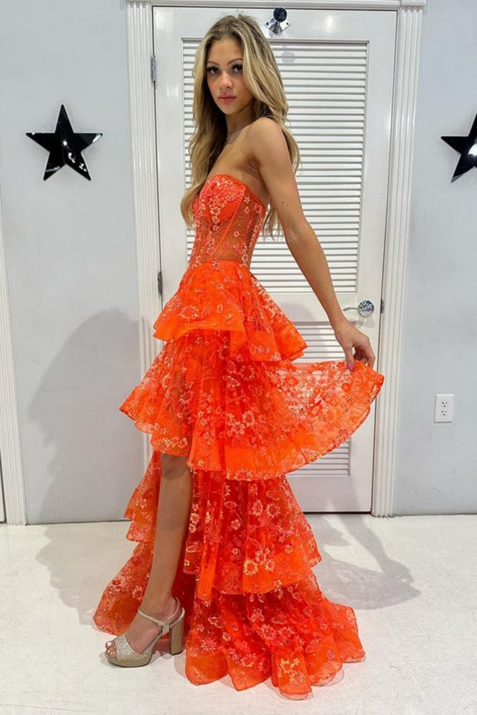 Strapless Layered Orange Lace Floral Long Prom Dress, Orange Lace Form abcprom Strapless Layered Orange Lace Floral Long Prom Dress, Orange Lace Form abcprom