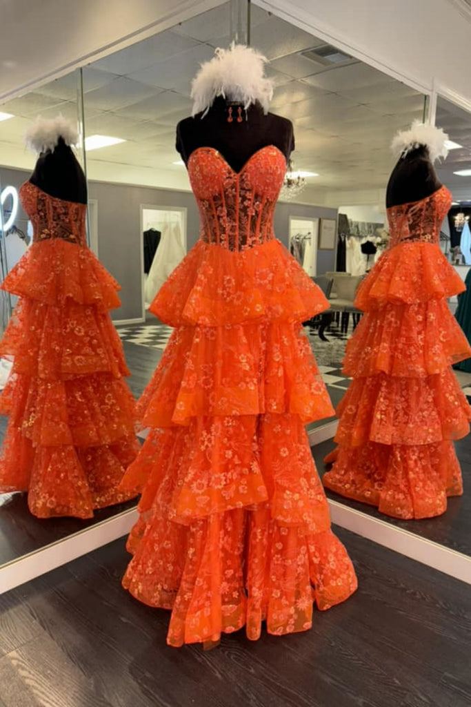 Strapless Layered Orange Lace Floral Long Prom Dress, Orange Lace Form abcprom Strapless Layered Orange Lace Floral Long Prom Dress, Orange Lace Form abcprom