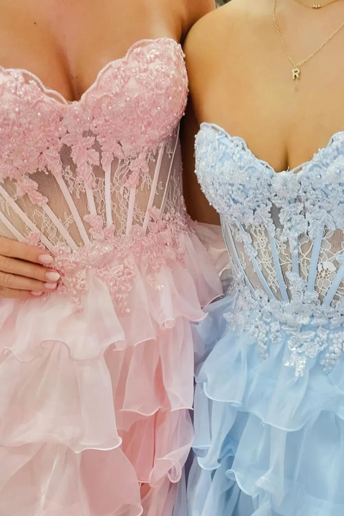 Strapless Layered Pink/Blue Lace Short Prom Dress, Pink/Blue Lace Home abcprom Strapless Layered Pink/Blue Lace Short Prom Dress, Pink/Blue Lace Home abcprom