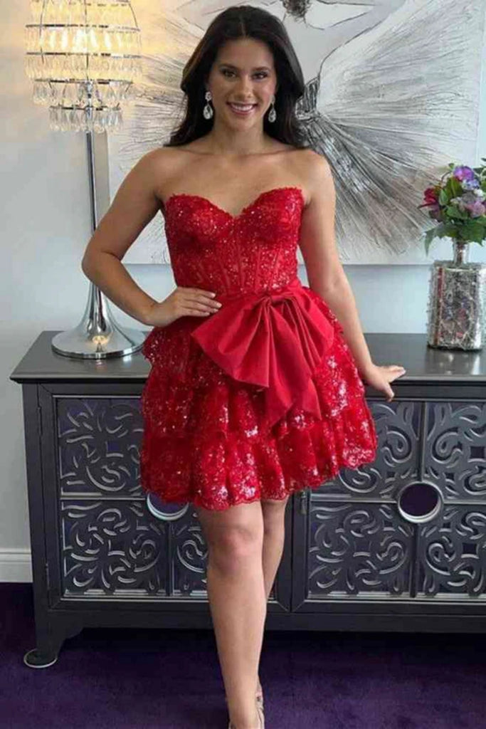 Strapless Layered Pink/Red Lace Short Prom Dress, Pink/Red Lace Homeco abcprom Strapless Layered Pink/Red Lace Short Prom Dress, Pink/Red Lace Homeco abcprom