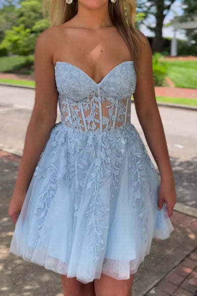 Strapless Light Blue Lace Prom Dress, Light Blue Lace Homecoming Dress, Short Light Blue Formal Evening Dress A1910