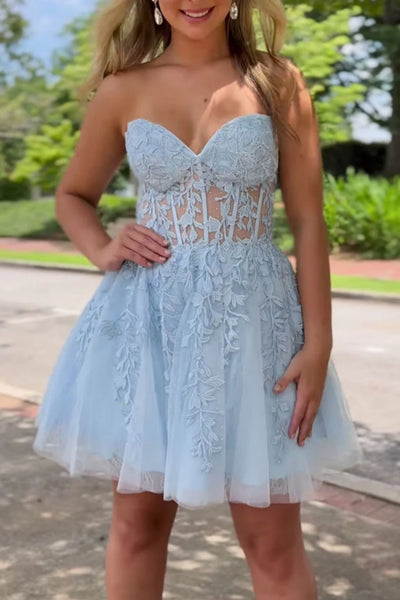 Strapless Light Blue Lace Prom Dress, Light Blue Lace Homecoming Dress, Short Light Blue Formal Evening Dress A1910