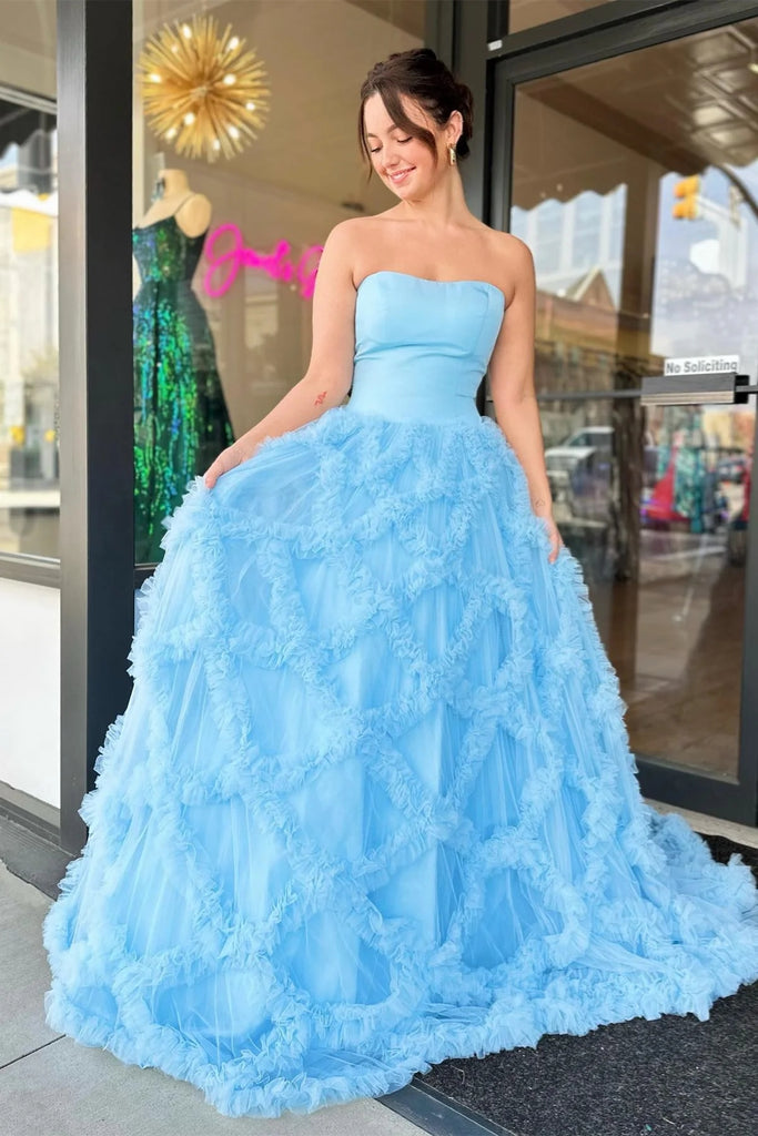 Strapless Light Blue Tulle Ruffle Net Long Prom Dress, Strapless Blue