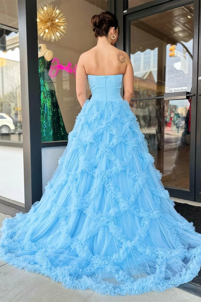 Strapless Light Blue Tulle Ruffle Net Long Prom Dress, Strapless Blue