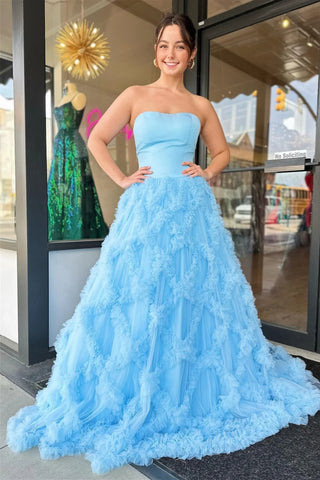 Strapless Light Blue Tulle Ruffle Net Long Prom Dress, Strapless Blue Formal Dress, Light Blue Evening Dress A1950