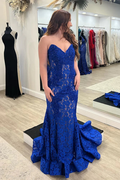 Strapless Mermaid Beaded Royal Blue Lace Long Prom Dress, Mermaid Royal Blue Formal Dress, Royal Blue Lace Evening Dress A1956