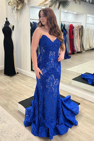 Strapless Mermaid Beaded Royal Blue Lace Long Prom Dress, Mermaid Royal Blue Formal Dress, Royal Blue Lace Evening Dress A1956