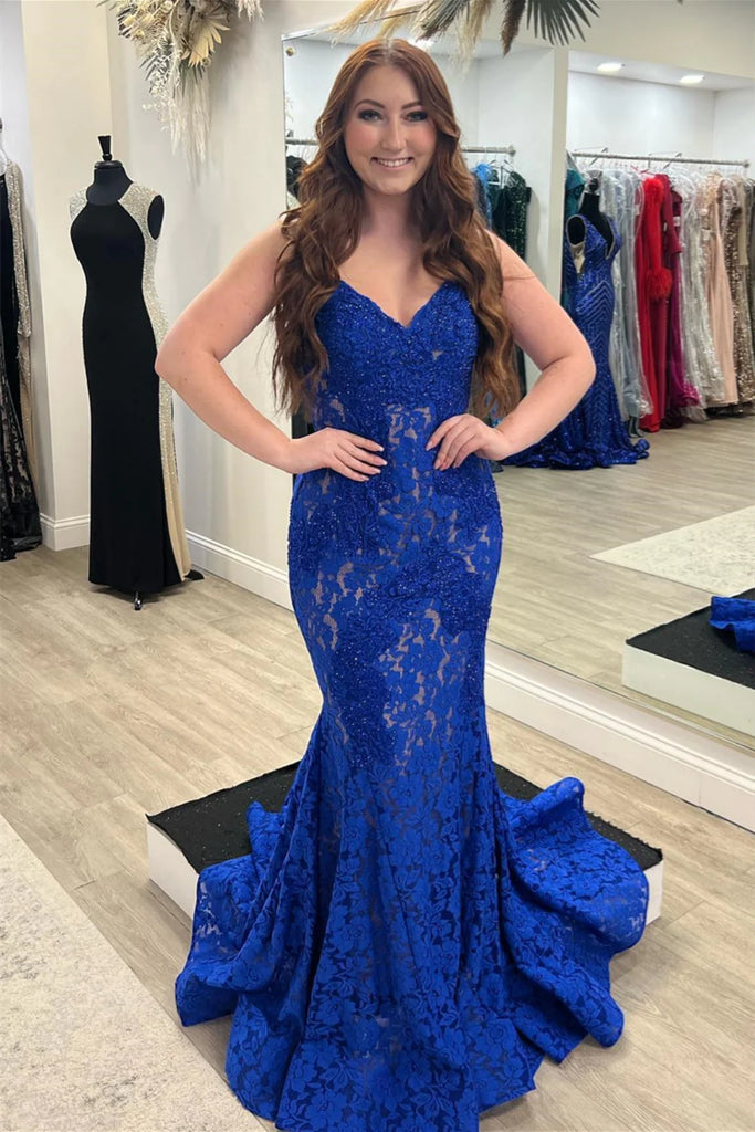 Strapless Mermaid Beaded Royal Blue Lace Long Prom Dress, Mermaid Roya ...