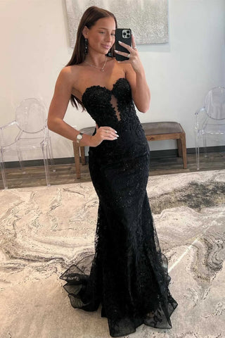 Strapless Mermaid Black Lace Long Prom Dress, Mermaid Black Formal Dress, Black Evening Dress A2067