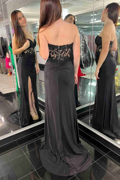Strapless Mermaid Black Lace Long Prom Dress with High Slit, Mermaid Black Formal Dress, Black Lace Evening Dress A2029